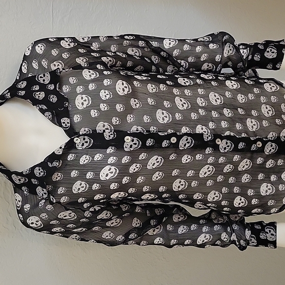 COOLWEAR Goth Skelton Gasparilla Sheer Button Down Hi-Low Cover-up Shirt - Picture 3 of 7